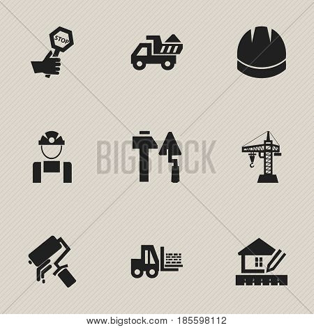 Set Of 9 Editable Structure Icons. Includes Symbols Such As Elevator, Construction Tools, Truck And More. Can Be Used For Web, Mobile, UI And Infographic Design.