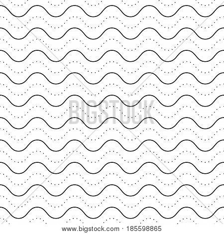 Vector monochrome texture, subtle geometric seamless pattern, horizontal thin wavy lines, dots, bends. Abstract minimalist black & white background. Stylish design for prints, decor, textile, fabric