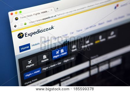 LONDON UK - APRIL 15TH 2017: The homepage of the official website for Expedia an online travel and booking website on 15th April 2017.