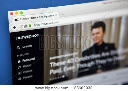 LONDON UK - APRIL 20TH 2017: The homepage of the official Myspace social networking website on 20th April 2017.