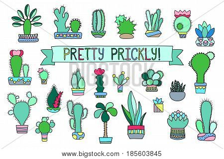 Doodle cactus and succulent vector clipart. Potted cactus and succulents icons. Mexican cactus logo. Hand-drawn cacti illustration isolated on white. Succulent decor sticker. Trendy hipster houseplant