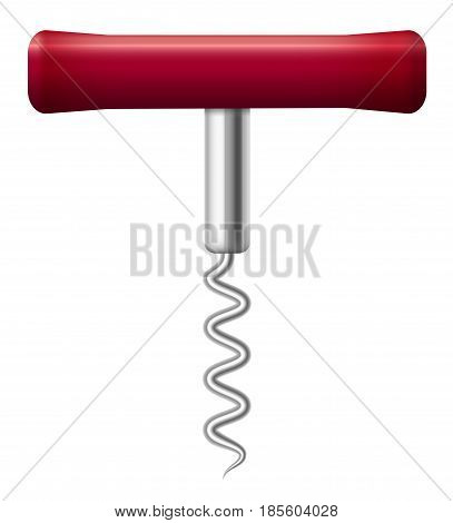Corkscrew with wine red handle - traditional version of basic winery tool - isolated 3d vector illustration on white background.