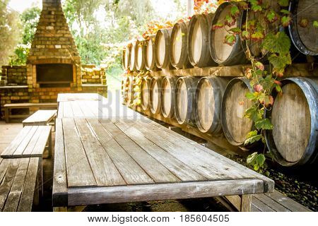 wine wooden barrels at winery