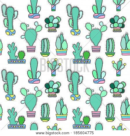 Mint cactus vector seamless pattern on white background. House plants pattern tile. Cacti flowerpot pattern for textile or wrapping paper. Trendy hipster cactus doodle background. Succulent texture