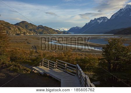 Wooden walkway leading to Lago Grey in Torres del Paine National Park in Patagonia, Chile. Glacier Grey in the distance.