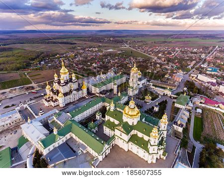 Aerial view of Pochaev Monastery, Orthodox Church, Pochayiv Lavra at the day, Ukraine