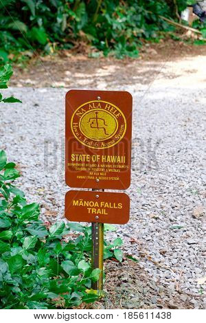 MANOA FALLS, HAWAII - FEBRUARY 20, 2016: Trailhead sign at Manoa Falls Trail in Oahu, Hawaii.