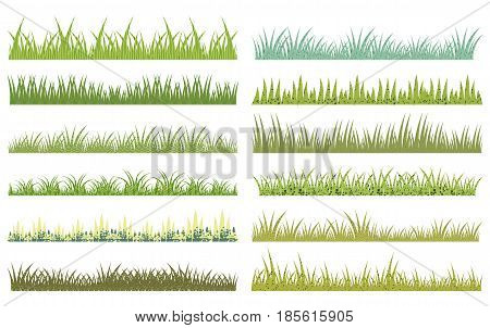 Horizontal vector cartoon green grass with texture on white background