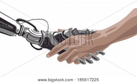 Robots Mechanical Hand shaking a Humans Hand. Artificial Intelligence Futuristic technology concept vector.