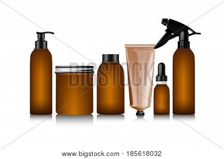 Realistic brown bottle for cosmetic cream container. Spray bottle. Tube for ointment, lotion, balsam. Mock up bottle. Soap pump bottle. Gel, balsam, with design label. Cosmetic products package.