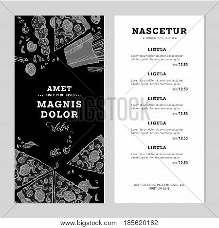 Fast food menu. Hand drawn linear graphic. Snack collection. Junk food cafe. Vector illustration verticale flyers in doodle style.