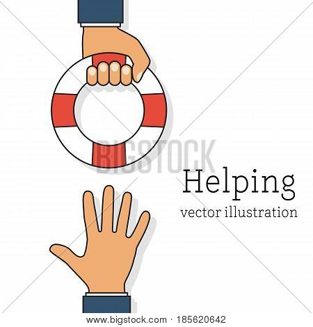 Helping Business concept. Businessman holding a lifebuoy in hand. To give help to the drowning man, metaphor. Vector illustration lines flat design. Isolated on white background.