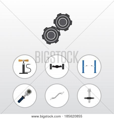 Flat Workshop Set Of Wheel Pump, Coupler, Suspension And Other Vector Objects. Also Includes Spherical, Joint, Ratchet Elements.