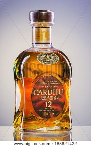 Cardhu  whisky on gradient background. Cardhu is single malt scotch whisky produced in Speyside distillery near Archiestown, Moray, Scotland, founded in 1824.