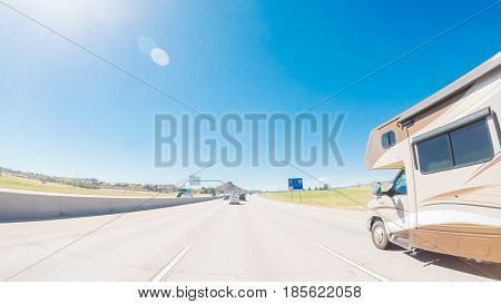 Denver Colorado USA-May 6 2017. POV point of view - Driving South on interstate highway I25 in middle Spring.