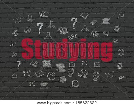 Learning concept: Painted red text Studying on Black Brick wall background with  Hand Drawn Education Icons