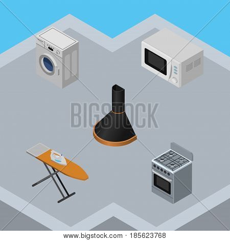 Isometric Appliance Set Of Laundry, Cloth Iron, Air Extractor And Other Vector Objects. Also Includes Extractor, Laundry, Hood Elements.
