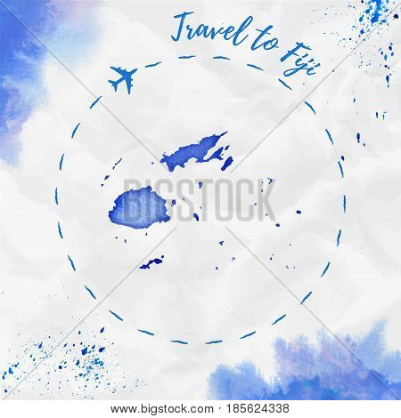 Fiji Watercolor Map In Blue Colors. Travel To Fiji Poster With Airplane Trace And Handpainted Waterc