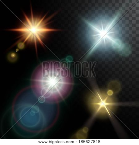 Realistic lens flares beams of golden pink blue orange colors on black half transparent background vector illustration