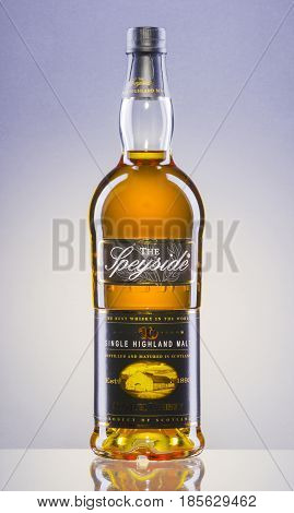 The Speyside whisky on gradient background. The Speyside is single highland malt scotch whisky produced in distillery near hamlet of Drumguish which was founded in 1962.