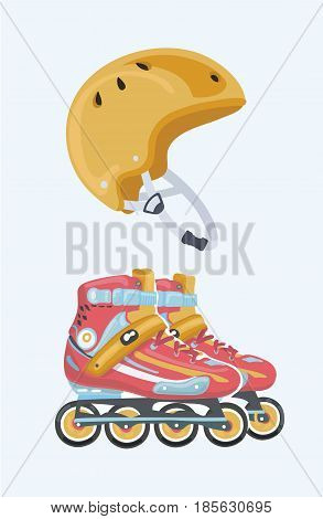 Vector cartoon illustration of red roller skate, sport equipment and yellow sport helmet