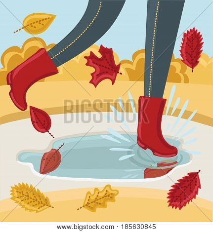 Vector illustration of legs in a pair of rubber boots. Autumn shoes. Person walking in park in the Fall