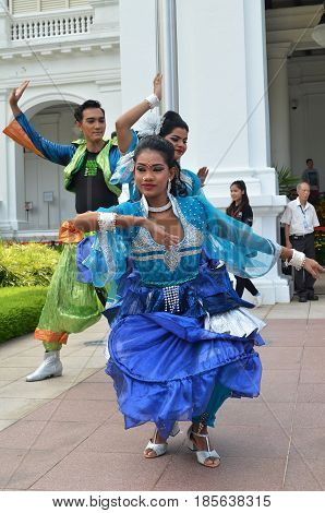 SINGAPORE- MAY 01 2017: Indian dancer performs at the Istana Open House in Singapore on Labour Day.