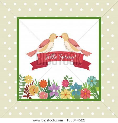 hello spring greeting card couple bird ribbon flower dots bakcground vector illustration