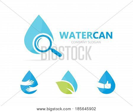 Vector of oil and loupe logo combination. Drop and magnifying glass symbol or icon. Unique water, aqua and search logotype design template.