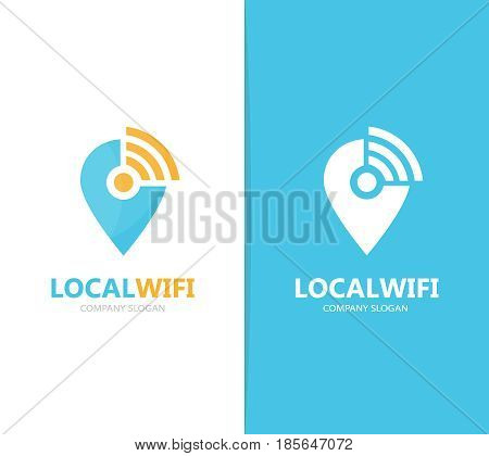 Vector of map pointer and wifi logo combination. GPS locator and signal symbol or icon. Unique pin and radio, internet logotype design template.