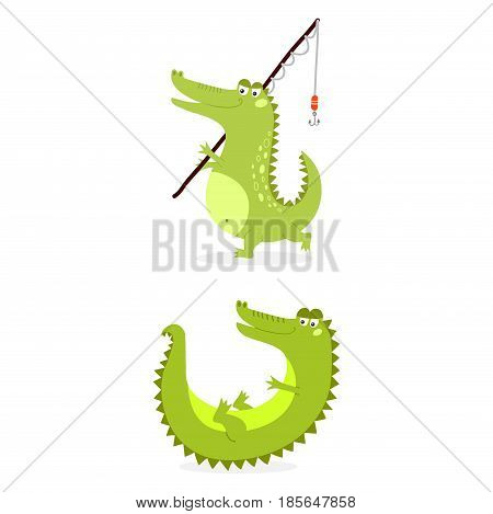 Cartoon green crocodile funny predator and australian wildlife river reptile carnivore alligator scales teeth flat vector illustration. Tropical africa safari zoo character crocodylus.