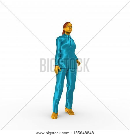 Isolated full-body portrait of a beautiful business woman. 3D rendering. Metallic material suit and body