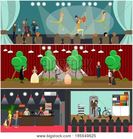 Vector set of opera art concept posters. Ballet and Opera performances, Cinema art design elements in flat style.
