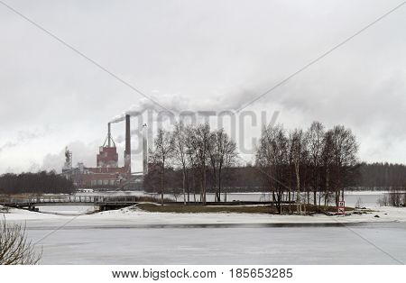 riverscape with island and bridge in Oulu, Finland