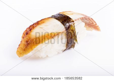 Japanese Cuisine, Sushi With Eel On A White Background.
