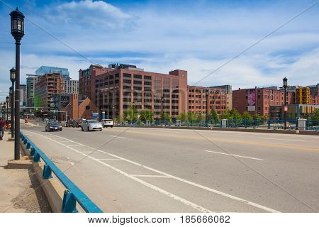 Boston Massachsetts USA - July 2 2016: Boston skyline from Seaport boulevard bridge.