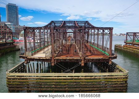 Boston Massachsetts USA - July 2 2016: Boston Northern Avenue Bridge. Built in 1908 it was closed to vehicle traffic in 1999