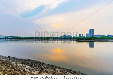 View of the keelung river with sunset in Taipei