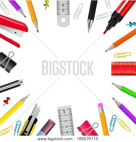 Realistic frame with various stationery objects on white background vector illustration