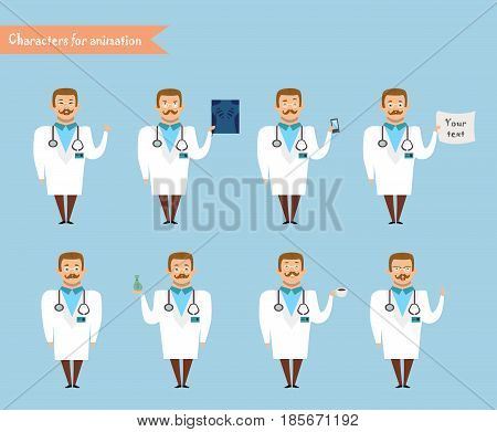 Smart doctor presenting in various action. character design. doctor and healthcare concept - vector illustration - stock vector