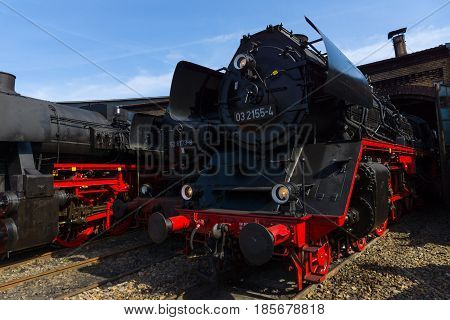 BERLIN - APRIL 21: Various steam locomotive the Spring Festival the exhibition in the Rail yard Schoeneweide April 21 2013 in Berlin Germany