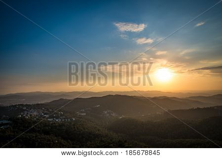 Barcelona Spain Sunset Landscape from Mountain Tibidado