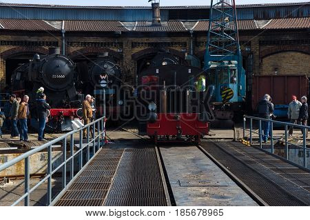 BERLIN - APRIL 21: Various steam locomotive the Spring Festival the exhibition in the Rail yard Schoeneweide April 21 2013 in Berlin Germany