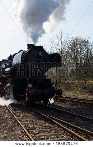 BERLIN - APRIL 21: Steam locomotive MBA 14066 (Orenstein & Koppel) the Spring Festival the exhibition in the Rail yard Schoeneweide April 21 2013 in Berlin Germany