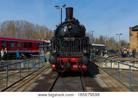 BERLIN - APRIL 21: Steam locomotive Borsig 9525 Spring Festival the exhibition in the Rail yard Schoeneweide April 21 2013 in Berlin