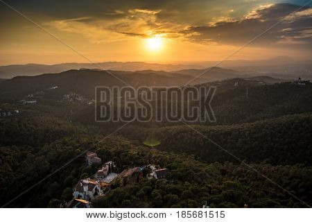 Barcelona Spain Sunset Landscape from Mountain Tibidado