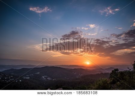Barcelona Spain Sunset Landscape from Mountain Tibidado