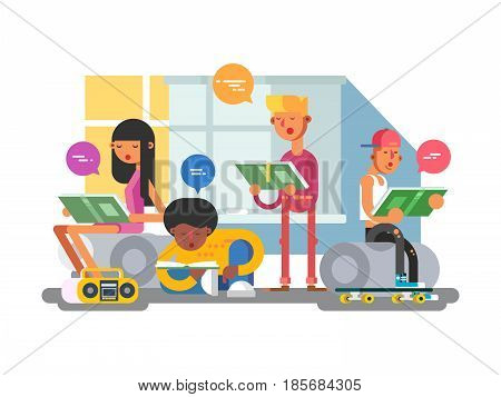 School students group. Education college, people learning, study person, vector illustration