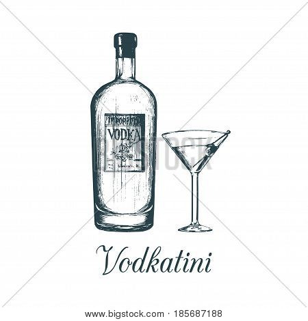 Hand sketched vodka bottle and vodkatini glass. Alcoholic drink set drawing. Vector illustration of traditional cocktail for cafe, bar, restaurant menu.
