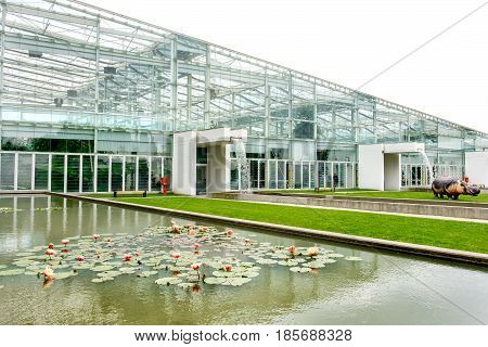 Stra, Italy, 25 April 2017 - modern greenhouse building botanical garden of padua italy